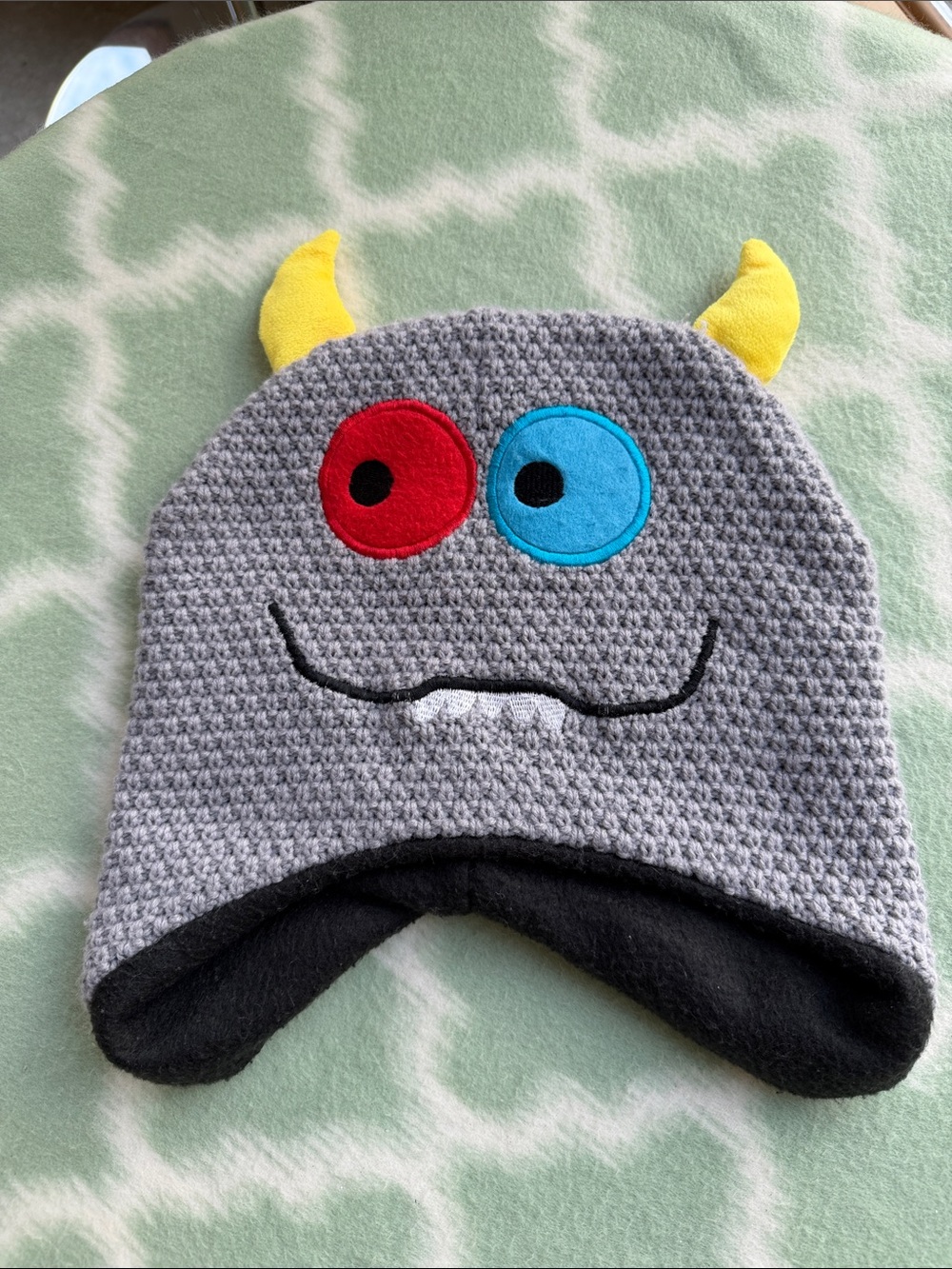 Kids Monster Earflap Hat - Gray with Yellow, Red & Blue Accents